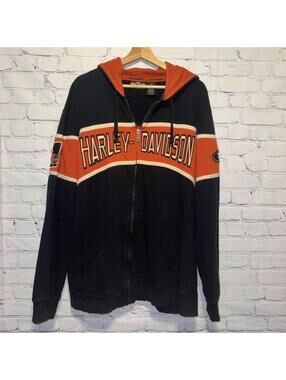 Vintage Harley-Davidson Men's Women's Black and Orange Zip-Up Hoodie
